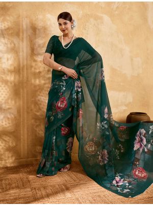 Bottle Green Floral Print Georgette Saree