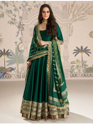 Bottle Green Silk Free Size Ready To Wear Anarkali Dress FABSL22404