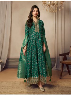 Bottle Green Silk Full Length Flared Readymade Salwar Kameez FABSL22045