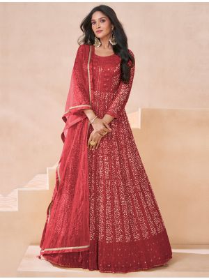 Brick Red Georgette Semi Stitched Anarkali Suit FABSL21964