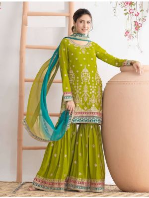 Bright Olive Chinon Semi Stitched Sharara Suit small FABSL22361