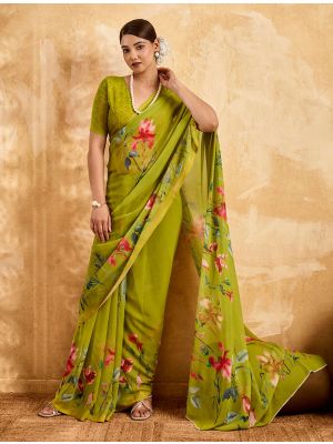 Bright Olive Green Floral Print Georgette Saree