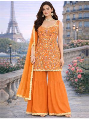 Bright Orange Georgette Embroidered Ready To Wear Sharara Suit FABSL22347