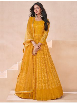 Bright Orange Georgette Semi Stitched Anarkali Suit small FABSL21961