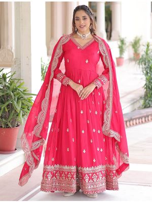 bright pink vichitra silk flared gown with dupatta fabgo20409