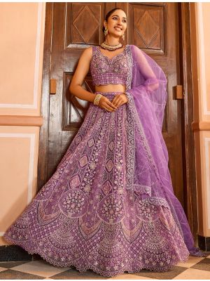 Bright Purple Net Sequined Lehenga Choli With Thread Work small FABLE20553