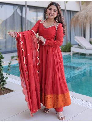 Bright Red Mul Chanderi Ready To Wear Salwar Kameez FABSL22432
