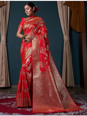 Bright Red Satin Silk Premium Saree With Zari Work