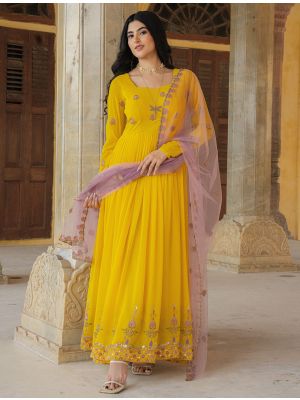 bright yellow georgette contemporary gown with dupatta fabgo20416