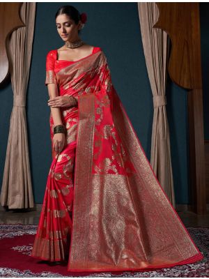 Brilliant Red Satin Silk Premium Saree With Zari Work