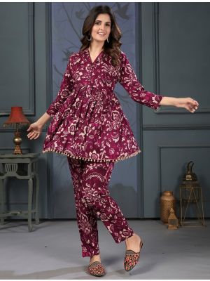 burgundy fine rayon stylish co ord set fabku21043