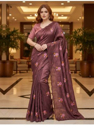 Burgundy Manipuri Silk Embroidered Saree With Cutwork