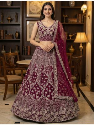 Burgundy Premium Net Embellished Wedding Lehenga small FABLE20556