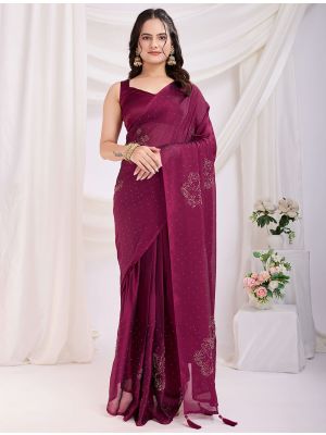Burgundy Rangoli Silk Ready To Wear Saree With Diamond Work