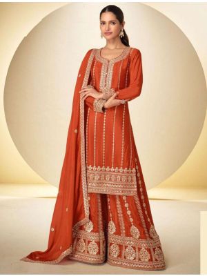 Burnt Orange Chinon Free Size Ready To Wear Palazzo Suit small FABSL22552