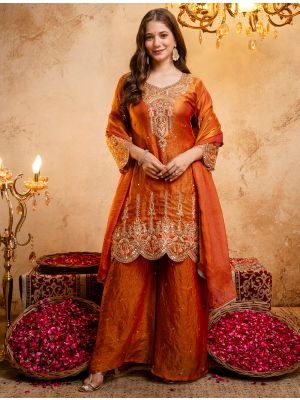 Burnt Orange Fendy Silk Embroidered Ready To Wear Salwar Kameez swatch FABSL22574
