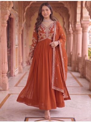 burnt orange georgette pleated flared gown with dupatta fabgo20454