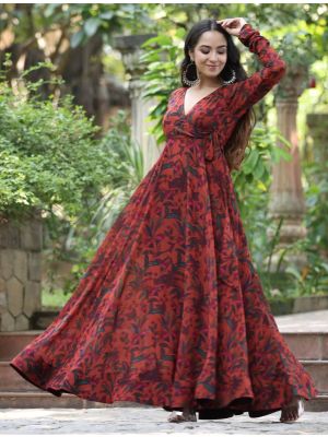 burnt orange georgette printed anarkali kurta fabku21054