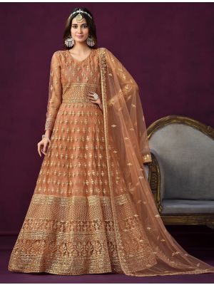 Burnt Orange Net Semi Stitched Anarkali Suit With Sequins small FABSL21711