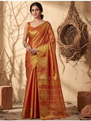Burnt Orange Tissue Silk Saree With Gold Zari Woven Motifs
