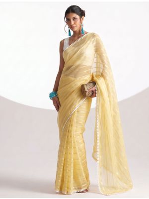 Butter Yellow Chiffon Ready-To-Wear Saree With Unstitched Blouse