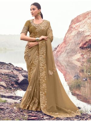 Camel Brown Banarasi Silk Embroidered Designer Saree