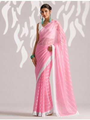 Candy Pink Chiffon Ready-To-Wear Saree With Unstitched Blouse