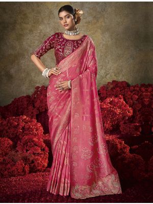 Carrot Pink Soft Silk Embroidered Saree With Diamond Work