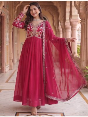 cerise pink georgette pleated flared gown with dupatta fabgo20455