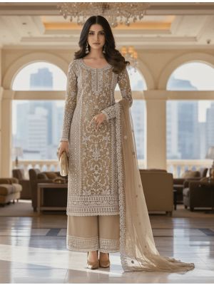 Champagne Beige Butterfly Net Semi Stitched Salwar Kameez small FABSL22517