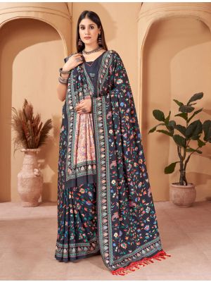 Charcoal Grey Winter Special Pashmina Saree With Shawl