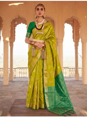 Chartreuse Green Soft Art Silk Saree With Gold Zari Weaving