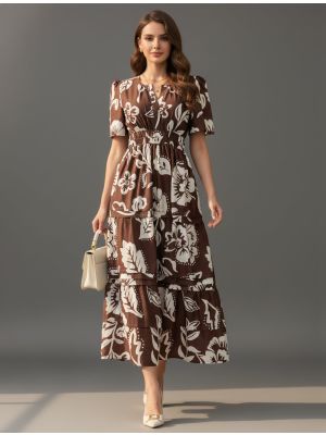 chocolate brown muslin printed maxi dress fabku21267