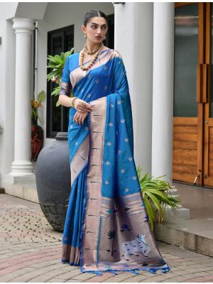 Cobalt Blue Banarasi Silk Saree With Paithani Weaving