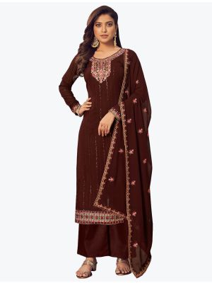 Coffee Brown Blooming Faux Georgette Designer Palazzo Suit FABSL20829