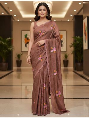 Copper Brown Manipuri Silk Embroidered Saree With Cutwork
