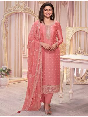 Coral Pink Silk Georgette Embroidered Salwar Suit small FABSL21933