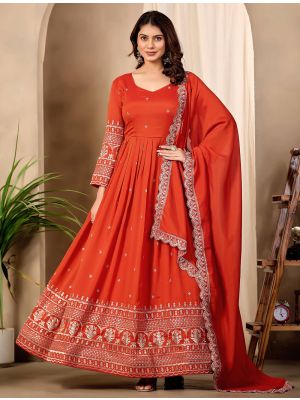 coral red art silk embroidered anarkali gown with dupatta fabgo20460