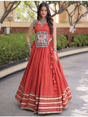 Coral Red Rayon Ready To Wear Lehenga Choli Set small FABLE20621