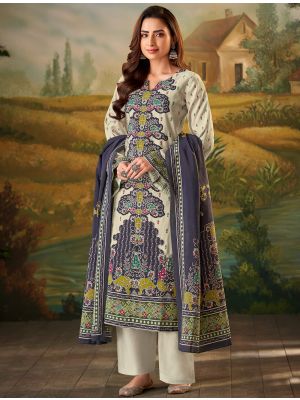 Cream And Blue Muslin Pakistani Salwar Kameez small FABSL22143