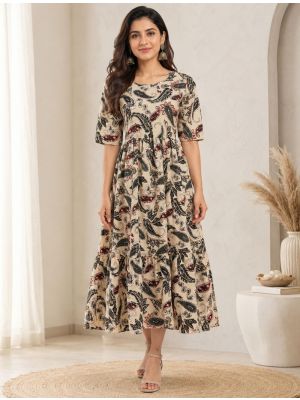 cream and charcoal rayon fit and flare tiered midi dress fabku21288