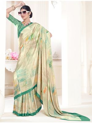 Cream And Green Crepe Silk Saree With Digital Print