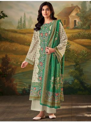 Cream And Green Muslin Pakistani Salwar Kameez small FABSL22142