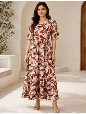 cream and maroon rayon fit and flare tiered midi dress fabku21290