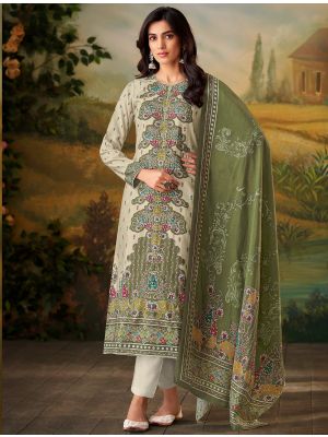 Cream And Mehendi Muslin Pakistani Salwar Kameez small FABSL22144