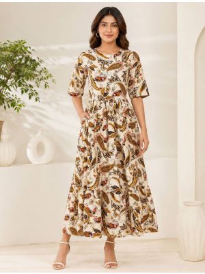 cream and mustard rayon fit and flare tiered midi dress fabku21291