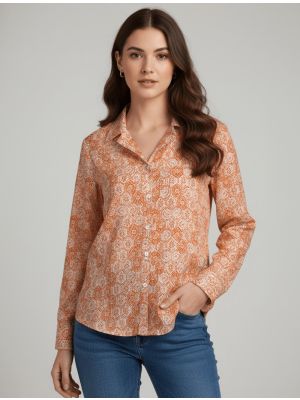 cream and orange crepe cutaway collar shirt fabku21280