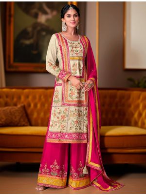 Cream And Pink Chinon Silk Ready To Wear Palazzo Suit FABSL22258