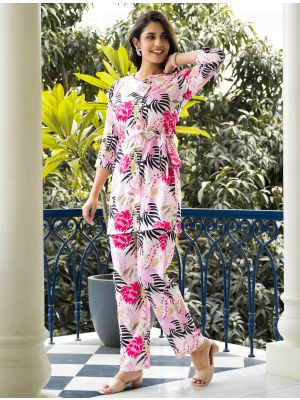cream and pink muslin cotton digital printed co ord set swatch fabku20983
