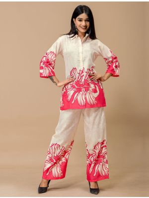 cream and pink soft cotton printed co ord set fabku21321
